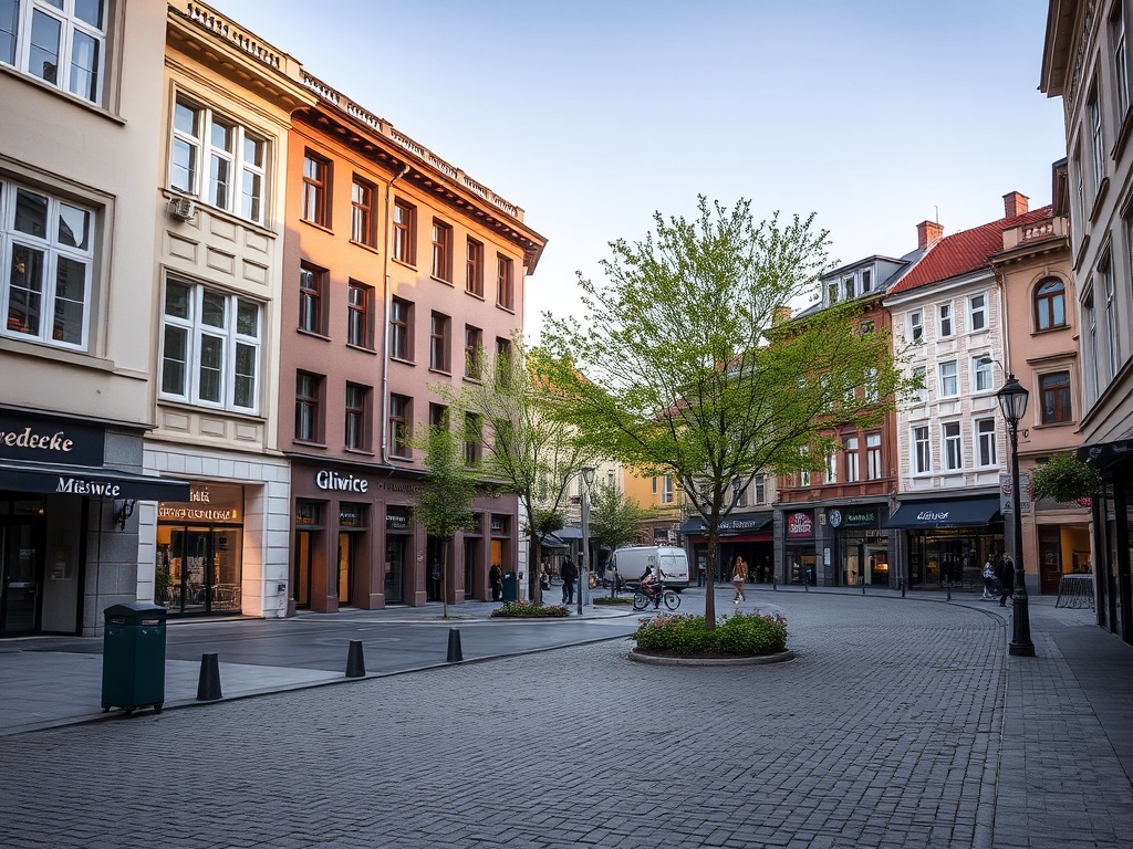 Ilustracja Gliwic z elementami symbolizującymi tanie mieszkania i autostradę A4.